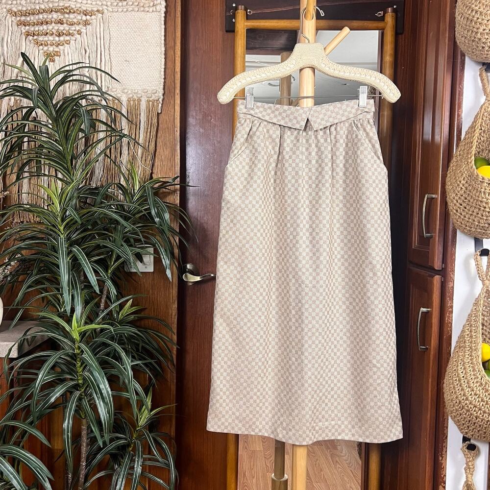 Vintage Pleated Wool Blend Midi Skirt 25 USA Made Check Secretary Academia Retro